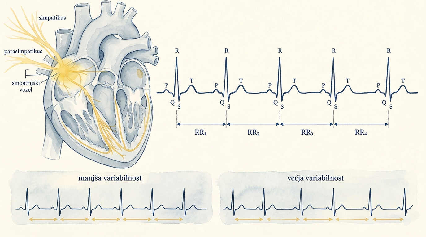 EKG zapis z označenimi vrhovi R in zaporednimi intervali RR različnih dolžin ter primerjava manjše in večje variabilnosti