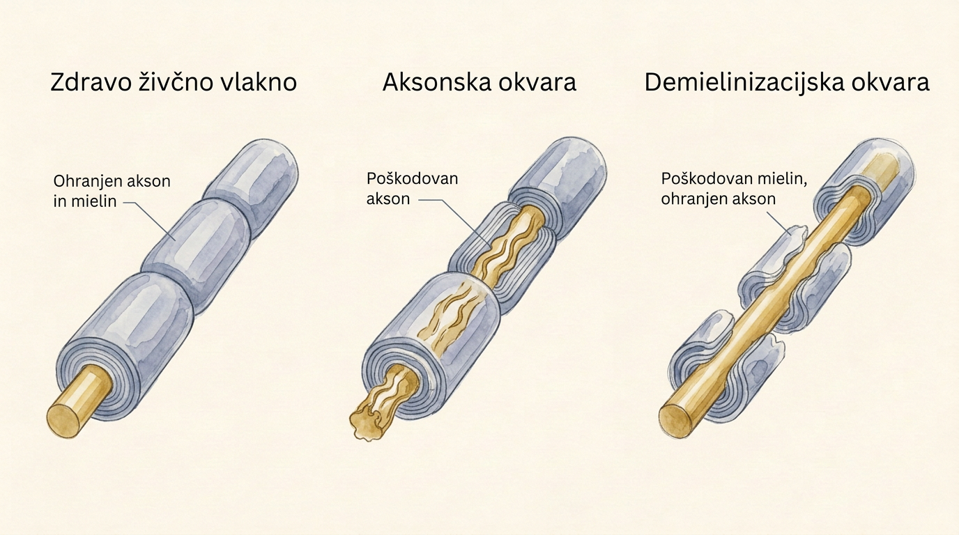 Primerjava zdravega živčnega vlakna, poškodovanega aksona in demielinizacije ob ohranjenem aksonu.