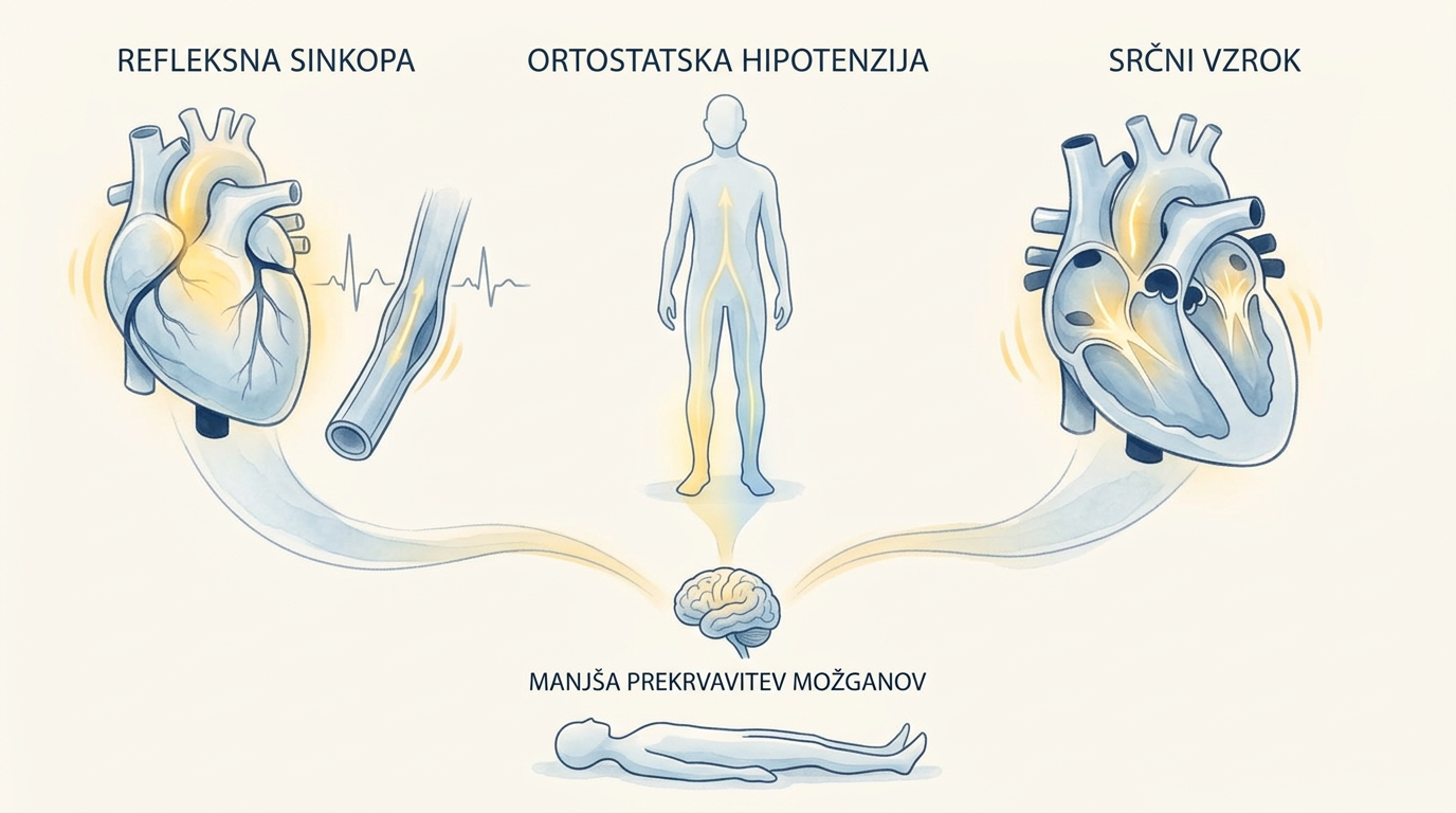 Trije mehanizmi sinkope: refleksna sinkopa, ortostatska hipotenzija in srčni vzrok